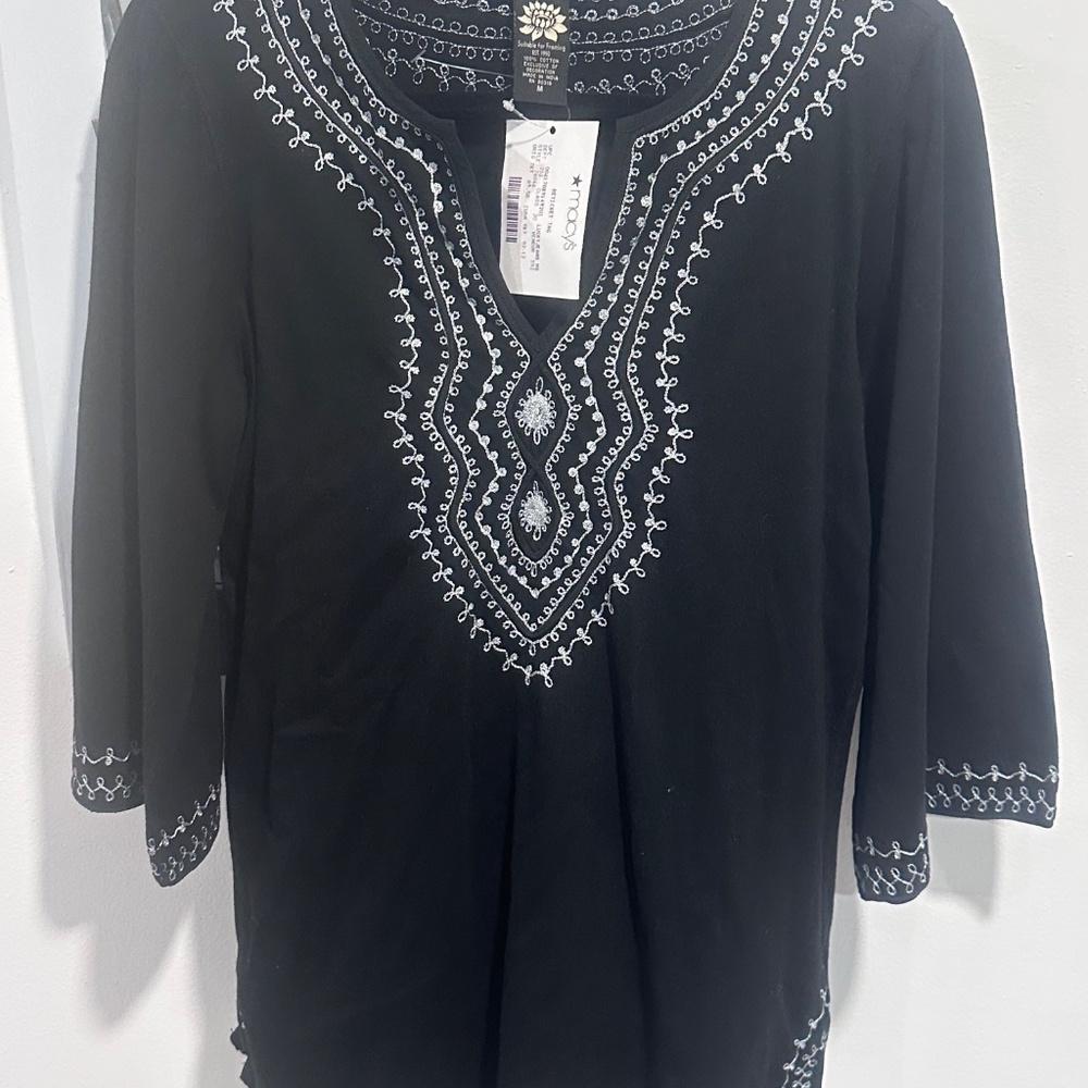 Lucky Brand Black Embroidered Tunic Top | Size M | NWT
